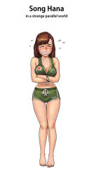 Rule 34 | army, blush, breasts, brown hair, cleavage, d.va (overwatch), english text, closed eyes, gogocherry, hard-translated, korean text, military, military uniform, overwatch, overwatch 1, shorts, solo, tears, third-party edit, translated, uniform, wide hips