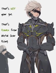 Rule 34 | 2boys, armor, black blindfold, blindfold, clenched teeth, crossover, cyborg, english text, eyepatch, highres, looking to the side, male focus, meme, metal gear (series), metal gear rising: revengeance, multiple boys, nier (series), nier:automata, planted, planted sword, planted weapon, raiden (metal gear), science fiction, short hair, sword, teeth, weapon, white hair, yoracrab, 9s (nier:automata)