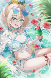 Rule 34 | 1girl, :d, alternate costume, aqua eyes, aqua nails, bikini, blonde hair, breasts, commentary request, eyewear on head, flower, front-tie top, heart, heart-shaped eyewear, hibiscus, highres, hololive, in water, innertube, kazama iroha, leg ribbon, long hair, looking at viewer, nail polish, navel, o-ring, o-ring top, open mouth, piyottorabitto, ponytail, ribbon, shirt, side-tie bikini bottom, small breasts, smile, solo, sunglasses, swim ring, swimsuit, tied shirt, tinted eyewear, virtual youtuber, water, wet, wet clothes, wet shirt, white shirt
