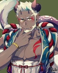 Rule 34 | 1boy, bad id, bad twitter id, bandages, bara, bare pectorals, beard, chest tattoo, covered abs, dark-skinned male, dark skin, demon boy, demon horns, ear piercing, earrings, extra horns, eyeshadow, facial hair, fang, green eyes, hand on own chin, happi, highres, horns, japanese clothes, jewelry, kiri futoshi, large pectorals, looking at viewer, makeup, male focus, midriff sarashi, mixed horns, monster boy, muscular, muscular male, nipples, original, pectorals, piercing, red eyeshadow, round eyewear, sarashi, short hair, smile, solo, stroking own chin, tail, tattoo, upper body, white hair