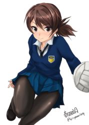 Rule 34 | 10s, 1girl, alternate costume, artist name, bad id, bad twitter id, ball, black footwear, black necktie, black pantyhose, blue skirt, blue sweater, brown eyes, brown hair, closed mouth, dress shirt, emblem, girls und panzer, haruhata mutsuki, holding, holding ball, kawanishi shinobu, leg up, light smile, loafers, long sleeves, looking at viewer, miniskirt, necktie, pantyhose, playing sports, pleated skirt, school uniform, shirt, shoes, short hair, short ponytail, signature, simple background, skirt, solo, st. gloriana&#039;s school uniform, standing, standing on one leg, sweater, swept bangs, thigh gap, twitter username, v-neck, volleyball, volleyball (object), white background, white shirt