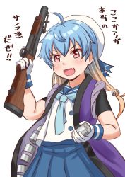 Rule 34 | 1girl, blonde hair, blue hair, blue neckerchief, blue ribbon, blue skirt, break-action grenade launcher, commentary request, cowboy shot, depth charge, gloves, gradient hair, grenade launcher, gun, happi, hat, highres, japanese clothes, kantai collection, long hair, m79, multicolored hair, neckerchief, pleated skirt, red eyes, ribbon, sado (kancolle), sailor hat, shirt, simple background, skirt, sleeveless, sleeveless shirt, solo, translation request, tsukemon, undershirt, weapon, white background, white gloves, white hat