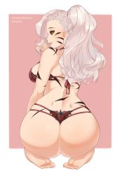 Rule 34 | 1girl, ass, asymmetrical hair, back, barefoot, black sclera, bra, braid, breasts, collaboration, colored sclera, commentary, commission, dimples of venus, english commentary, facial mark, feet, from behind, full body, highres, idamaria, iwbitu, large breasts, lingerie, long hair, looking at viewer, looking back, original, panties, parted lips, pink background, ponytail, red bra, red panties, simple background, smile, soles, solo, toes, twitter username, underwear, whisker markings, white hair, yellow eyes
