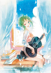 Rule 34 | 1girl, acoustic guitar, book, curtains, day, green eyes, green hair, guitar, gumi, hair ornament, instrument, looking at viewer, music, one eye closed, open mouth, painting (medium), petals, rei (456789io), school uniform, short hair, sitting, skirt, sky, sleeves rolled up, smile, soaking feet, solo, traditional media, vocaloid, water, watercolor (medium), window