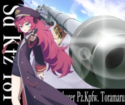 Rule 34 | 1girl, absurdres, aiming, aiming at viewer, aome812, black coat, black hat, black shirt, blue archive, blue sky, coat, day, grey eyes, gun, hair between eyes, halo, handgun, hat, highres, holding, holding gun, holding weapon, iroha (blue archive), long hair, long sleeves, looking at viewer, military vehicle, motor vehicle, open clothes, open coat, open mouth, peaked cap, purple halo, red hair, shirt, sky, solo, tank, tank turret, tiger i, weapon