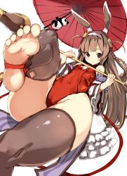 Rule 34 | 1girl, animal ears, azur lane, bare legs, barefoot, black thighhighs, blush, braid, breasts, cameltoe, closed mouth, covered navel, feet, female focus, from below, hairband, highres, holding, leotard, long hair, looking at viewer, looking down, morikawa (futomayu), oil-paper umbrella, panda, ping hai (azur lane), ping hai (osmanthus moon rabbit) (azur lane), rabbit ears, red eyes, shiny clothes, simple background, small breasts, soles, solo, standing, stirrup legwear, thighhighs, toeless legwear, toes, umbrella, white background