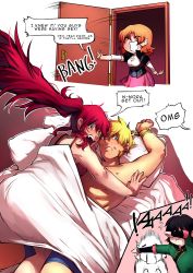 Rule 34 | 2boys, 2girls, absurdres, bdsm, bed, bed sheet, blonde hair, blush, bondage, bound, caught, comic, covering own eyes, door, embarrassed, english text, femdom, girl on top, highres, jaune arc, lie ren, lying, mrk50, multiple boys, multiple girls, nora valkyrie, on back, on bed, open door, orange hair, panicking, pillow, pyrrha nikos, red hair, rwby, screaming, speech bubble, surprised, text focus, topless, walk-in