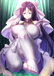 Rule 34 | 1girl, breasts, cameltoe, fate/grand order, fate (series), feet, foot focus, half-closed eyes, iro ame (amewaagada), large breasts, long hair, looking at viewer, minamoto no raikou (fate), no shoes, pov, purple eyes, purple hair, see-through, see-through legwear, soles, toes