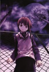 Rule 34 | 1990s (style), 1girl, abe yoshitoshi, absurdres, brown eyes, brown hair, chain-link fence, fence, from below, full moon, gate, hair ornament, hairclip, highres, iwakura lain, moon, night, official art, purple theme, retro artstyle, scan, serial experiments lain, solo
