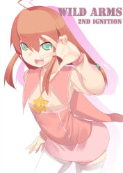 Rule 34 | 1girl, ahoge, arm up, bad id, bad pixiv id, breasts, brown hair, collarbone, colored shadow, copyright name, dress, english text, green eyes, hair ornament, hair tie, hand up, happy, johnny funamushi, lilka eleniak, long hair, looking at viewer, low-tied long hair, open mouth, salute, shadow, small breasts, smile, solo, standing, star (symbol), teeth, thighhighs, tongue, twintails, two-finger salute, v, white background, white thighhighs, wild arms, wild arms 2