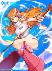Rule 34 | 1girl, ass, bare legs, blue background, breasts, brown eyes, copyright name, curvy, female focus, holding, holding weapon, hooded leotard, large breasts, leotard, long hair, looking at viewer, nami (one piece), nami (one piece) (egghead), one piece, one piece card game, open mouth, orange hair, pokimari, polearm, shiny skin, shoulder tattoo, smile, tattoo, tongue, tongue out, weapon, white leotard, wide hips
