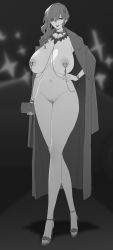Rule 34 | 1girl, absurdres, azur lane, bag, bare legs, breasts, cleft of venus, clitoris piercing, closed mouth, coat, earrings, exhibitionism, female pubic hair, full body, functionally nude, hand on own hip, high heels, highres, holding, holding bag, huge breasts, jewelry, linked piercing, long hair, looking to the side, monochrome, naked coat, navel, necklace, nipple piercing, nipples, outdoors, piercing, pubic hair, public indecency, pussy, pussy piercing, rekaerb maerd, sagging breasts, shadow, side ponytail, solo, st. louis (azur lane), st. louis (luxurious wheels) (azur lane), standing, tareme, toenails, trench coat, wavy hair