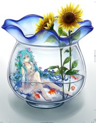Rule 34 | 1girl, aqua eyes, aqua hair, barefoot, blacksio, dress, feet, fish, fishbowl, flower, goldfish, hair flower, hair ornament, hatsune miku, highres, in container, long hair, looking at viewer, mini person, minigirl, morning glory, nail polish, oversized object, partially submerged, sitting, solo, sunflower, toenail polish, toenails, twintails, very long hair, vocaloid, water