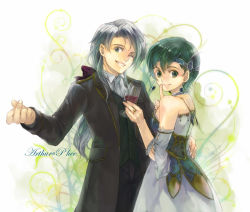 Rule 34 | 1boy, 1girl, alcohol, arthur (fire emblem: genealogy of the holy war), bare shoulders, blue eyes, couple, cup, detached sleeves, dress, drinking glass, earrings, fee (fire emblem), finger to mouth, fire emblem, fire emblem: genealogy of the holy war, formal, green eyes, green hair, hetero, jacket, jewelry, kaito (sawayakasawaday), long coat, long hair, nintendo, one eye closed, ponytail, short hair, shushing, white hair, wine, wine glass, wink