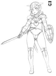 Rule 34 | armor, boots, greyscale, kuontendou, monochrome, original, panties, pauldrons, pointy ears, shield, shoulder armor, shoulder pads, solo, sword, thigh boots, thighhighs, underwear, weapon