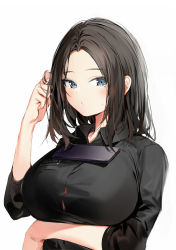 Rule 34 | 1girl, black shirt, blue eyes, blush, breasts, cellphone, collared shirt, dress shirt, forehead, highres, large breasts, long sleeves, looking at viewer, medium hair, mole, mole under eye, parted bangs, phone, samsung, samsung sam, shirt, silver (chenwen), simple background, solo, white background