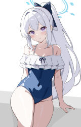 Rule 34 | 1girl, absurdres, akagi koku, black one-piece swimsuit, blue archive, bow, collarbone, commentary request, frilled one-piece swimsuit, frills, groin, hair between eyes, hair bow, hair ribbon, halo, highres, long hair, looking at viewer, miyako (blue archive), miyako (swimsuit) (blue archive), official alternate costume, official alternate hairstyle, one-piece swimsuit, ponytail, purple eyes, ribbon, sidelocks, simple background, sitting, sleeveless, solo, spaghetti strap, swimsuit, white hair