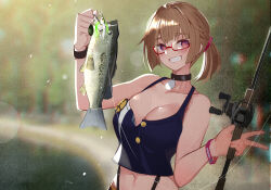 Rule 34 | 1girl, animal, bass (fish), blush, breasts, brown hair, cleavage, commission, fish, fishing rod, girls&#039; frontline, glasses, grizzly mkv (girls&#039; frontline), grizzly mkv (weekend cop) (girls&#039; frontline), holding, holding animal, holding fish, holding fishing rod, large breasts, largemouth bass, looking at viewer, nature, navel, official alternate costume, purple eyes, shirt, short hair, shorts, skeb commission, smile, solo, warashi