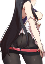 Rule 34 | 1girl, black hair, black pantyhose, blush, breasts, breasts out, closed mouth, clothes pull, commentary request, head out of frame, highres, kakuchou shoujo-kei trinary, kunimasa ayami, long hair, medium breasts, morisobo, nipples, no bra, pantyhose, simple background, solo, white background