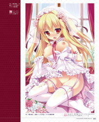 Rule 34 | 1girl, blonde hair, blush, breasts, breasts out, bridal veil, celica tepes lunatica, clothes lift, curtains, dress, dress lift, fang, flower, hair flower, hair ornament, hanayome to maou, highres, long hair, looking at viewer, medium breasts, nipples, open mouth, red eyes, shiromochi sakura, sitting, solo, thighhighs, veil, very long hair, wedding dress, window