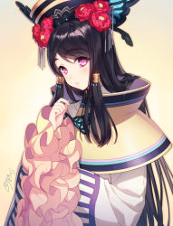 Rule 34 | 1girl, black hair, butterfly hair ornament, chinese clothes, commentary request, dan fei, flower, frilled sleeves, frills, hair flower, hair ornament, hat, long hair, looking at viewer, nekokan masshigura, pink eyes, signature, solo, thunderbolt fantasy, upper body