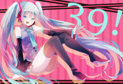 Rule 34 | !, 1girl, 39, aqua eyes, aqua hair, aqua necktie, bare shoulders, black footwear, black sleeves, boots, collared vest, detached sleeves, filiananna, full body, grey vest, hatsune miku, headset, high heel boots, high heels, highres, knees together feet apart, lace trim, legs, long hair, looking at viewer, miku day, necktie, open mouth, outstretched hand, pink background, polka dot, sleeves past wrists, smile, solo, striped background, thigh boots, thighhighs, twintails, very long hair, vest, vocaloid, zettai ryouiki