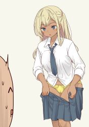 Rule 34 | 1girl, 1other, absurdres, blonde hair, blue eyes, collared shirt, commentary request, daipunch, dark-skinned female, dark skin, dressing, grey necktie, highres, looking at another, necktie, open mouth, original, panties, pleated skirt, shirt, side ponytail, simple background, skirt, standing, underwear, white shirt, yellow panties