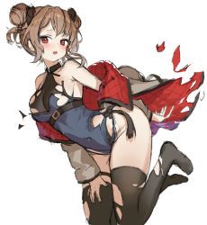 Rule 34 | 1girl, :o, absurdres, bare shoulders, belt, black thighhighs, blush, breasts, brown hair, bullet, bullpup, commentary request, commission, cosplay, covered navel, double bun, full body, furrowed brow, girls&#039; frontline, gun, hair bun, hair ornament, hand on thigh, highres, hyoin, jacket, legs up, leotard, lwmmg (girls&#039; frontline), lwmmg (girls&#039; frontline) (cosplay), lwmmg (golden starthistle) (girls&#039; frontline), medium breasts, off shoulder, official alternate costume, p90 (girls&#039; frontline), pixiv commission, red eyes, shell casing, short hair, simple background, sketch, skindentation, solo, submachine gun, thighhighs, torn clothes, torn jacket, torn thighhighs, weapon, white background