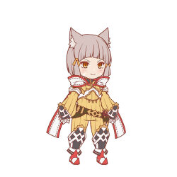 Rule 34 | &gt;:), 1girl, animal ear fluff, animal ears, brown eyes, chibi, closed mouth, commentary request, full body, grey hair, jumpsuit, long sleeves, nia (xenoblade), puffy long sleeves, puffy sleeves, red footwear, ribbed jumpsuit, shoes, simple background, sleeves past wrists, smile, solo, standing, v-shaped eyebrows, white background, xenoblade chronicles (series), xenoblade chronicles 2, yellow jumpsuit, yoruusagi