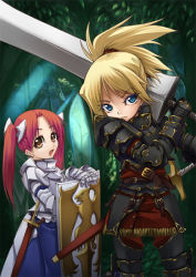 Rule 34 | 2girls, aize, armor, blonde hair, blue eyes, fantasy, multiple girls, original, ponytail, red hair, shield, sword, twintails, weapon, yellow eyes