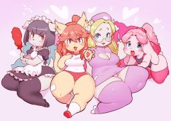 Rule 34 | 4girls, :&lt;, angry, animal ears, aqua eyes, black hair, blonde hair, blue eyes, breasts, cat ears, cleavage cutout, clothing cutout, dog ears, furry, glasses, hat, heart, heart cutout, high heels, highres, kaeritai07, large breasts, long hair, maid, maid clothes, medium breasts, multiple girls, nurse, nurse cap, open mouth, original, panties, panty peek, pink hair, rabbit ears, red eyes, red hair, sanjiro (tenshin anman), sheep, shoes, short hair, simple background, small breasts, smile, syringe, thick thighs, thighhighs, thighs, underwear, wide hips, ziroro326
