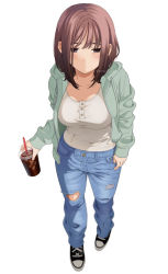 Rule 34 | 1girl, black footwear, breasts, brown eyes, brown hair, closed mouth, collarbone, commentary request, denim, drink, drinking straw, full body, green jacket, holding, holding drink, hood, hood down, hooded jacket, jacket, jeans, large breasts, light blush, long hair, long sleeves, looking at viewer, mattaku mousuke, original, pants, shirt, simple background, solo, torn clothes, torn jeans, torn pants, twitter username, white background, white shirt