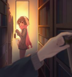 Rule 34 | 1girl, 2boys, animal ears, black hair, black jacket, black pants, black pantyhose, blush, book, bookshelf, brown hair, commentary request, contemporary, feet out of frame, floppy ears, gift, highres, holding, holding gift, inaba tewi, indoors, jacket, library, looking at another, multiple boys, nnyara, open mouth, pants, pantyhose, pink scarf, pov, rabbit ears, red eyes, scarf, short hair, smile, solo focus, standing, touhou, valentine, window