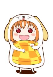Rule 34 | 1girl, :d, animal costume, animal hood, ariria (nanayuri), blush stickers, chibi, cosplay, dog costume, highres, himouto! umaru-chan, hood, komaru, komaru (cosplay), komaru (himouto! umaru-chan), looking at viewer, love live!, love live! sunshine!!, hugging object, open mouth, orange hair, parody, pillow, pillow hug, red eyes, shiitake (love live! sunshine!!), shiitake (love live! sunshine!!) (cosplay), short hair, smile, solo, standing, style parody, takami chika