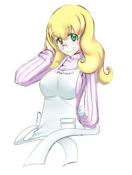 Rule 34 | 1girl, apron, arc system works, blazblue, blazblue phase 0, blonde hair, breasts, glasses, green eyes, hand in own hair, large breasts, long hair, morokoshi, ribbed sweater, round eyewear, smile, solo, sweater, trinity glassfield, turtleneck, upper body