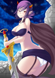 Rule 34 | 1girl, absurdres, ass, bare shoulders, blush, breasts, cameltoe, cape, cleavage, demon girl, demon horns, earrings, facial mark, garter straps, haarmades, highres, horns, jewelry, kneeling, large breasts, looking at viewer, miniskirt, original, panties, pointy ears, purple hair, red hair, shiny skin, short hair, skirt, sky, smile, solo, star (sky), star (symbol), starry sky, sword, thighhighs, underwear, weapon