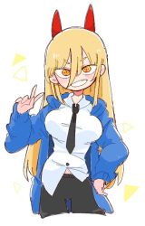 Rule 34 | 1girl, black necktie, black pants, blonde hair, blue hoodie, blush, breasts, chainsaw man, collared shirt, commentary request, cowboy shot, demon, dress shirt, fang, hair between eyes, hood, hoodie, horns, large breasts, long hair, looking at viewer, necktie, op na yarou, pants, power (chainsaw man), red horns, shirt, simple background, smile, solo, standing, upper body, v, white background, white shirt, yellow eyes