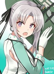 Rule 34 | &gt;:o, 10s, 1girl, :o, akitsushima (kancolle), aqua background, artist name, dated, gloves, gradient background, grey hair, hair ornament, highres, jacket, kamelie, kantai collection, long hair, long sleeves, military, military uniform, nishikitaitei-chan, one-hour drawing challenge, open mouth, purple eyes, seaplane, side ponytail, sidelocks, solo, uniform, v-shaped eyebrows, white gloves