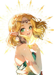 Rule 34 | 1girl, armlet, artist name, blush, braid, breasts, cat princess, circlet, crown braid, dangle earrings, dress, earrings, green eyes, jewelry, looking at viewer, medium breasts, medium hair, nintendo, open mouth, parted bangs, pointy ears, princess zelda, smile, solo, strapless, strapless dress, the legend of zelda, the legend of zelda: tears of the kingdom, thick eyebrows, upper body, white dress