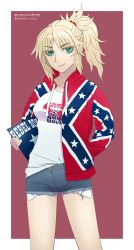 Rule 34 | absurdres, album cover, alternate costume, bad id, bad pixiv id, blonde hair, confederate flag, cover, fate (series), green eyes, highres, hood, hoodie, mordred (fate), mordred (fate/apocrypha), ponytail, self-upload, short shorts, shorts, smug, thighs