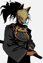 Rule 34 | 1girl, absurdres, adapted costume, apex legends, armor, black hair, black kimono, blood, blood on face, breastplate, dark-skinned female, dark skin, fox mask, glowing, glowing eyes, hair behind ear, highres, holding, holding sword, holding weapon, japanese clothes, katana, kimono, mask, peter chai, ponytail, rampart (apex legends), red eyes, sheath, sheathed, sketch, sly fox rampart, solo, sword, weapon, white background