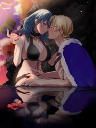 Rule 34 | bikini, black bikini, blonde hair, blush, breasts, byleth (female) (fire emblem), byleth (female) (summer) (fire emblem), byleth (fire emblem), cape, carrying, cleavage, commentary, couple, dimitri alexandre blaiddyd, emcgame, fire emblem, fire emblem: three houses, fire emblem heroes, flower, green hair, hand on another&#039;s hip, hand on another&#039;s neck, hand on another&#039;s stomach, highres, large breasts, looking at another, nintendo, official alternate costume, reflection, reflective water, swimsuit, teacher and student, visor cap, water
