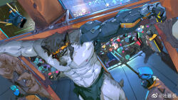 Rule 34 | 4boys, animal ears, bara, crucifixion, dog boy, dog ears, dog tail, fake horns, from above, furry, furry male, grey fur, headband, highres, horned headwear, horns, large pectorals, loincloth, male focus, multiple boys, muscular, muscular male, mutton chops, nipples, original, outstretched arms, pectorals, prosthesis, prosthetic arm, short hair, solo focus, spread arms, strongman waist, tail, thick eyebrows, thick thighs, thighs, tooboshoo