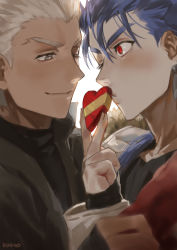 Rule 34 | 2boys, alternate costume, archer (fate), blue hair, blush, box, brown jacket, candy, chocolate, chocolate heart, commentary request, cu chulainn (fate), cu chulainn (fate/stay night), dark-skinned male, dark skin, eye contact, fate/stay night, fate (series), food, from side, g0ringo, hand up, heart, heart-shaped box, highres, jacket, jewelry, looking at another, male focus, multiple boys, one eye closed, red eyes, smile, twitter username, valentine, white hair, yaoi