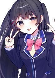 Rule 34 | 1girl, :p, black eyes, black hair, black nails, blazer, blue jacket, blush, bow, bowtie, closed mouth, collared shirt, dot nose, double v, half-closed eye, hands up, jacket, long hair, long sleeves, looking at viewer, nail polish, nijisanji, pink bow, pink bowtie, rise (riyyy202212), school uniform, shirt, sidelocks, simple background, smile, solo, sweater, tongue, tongue out, tsukino mito, two side up, upper body, v, v-neck, virtual youtuber, white background, white shirt, yellow sweater
