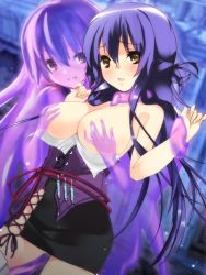Rule 34 | 1girl, blush, grabbing another&#039;s breast, breasts, breasts out, brown eyes, female focus, grabbing, large breasts, long hair, looking at viewer, majika majika, open mouth, purple hair, refeia, skirt, slime, smile, solo, tsukushi mizuho