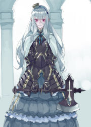 Rule 34 | 1girl, armor, armored dress, axe, boobplate, breastplate, copyright request, crown, dress, fakepucco, frilled dress, frills, frown, gauntlets, hair between eyes, holding, holding weapon, long hair, looking at viewer, pillar, pointy ears, purple eyes, silver hair, solo, standing, star-shaped pupils, star (symbol), symbol-shaped pupils, very long hair, weapon