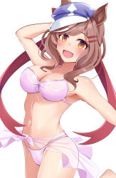 Rule 34 | 1girl, :d, absurdres, animal ears, arm up, bare arms, bare shoulders, bikini, blue hat, blush, brown hair, cabbie hat, commentary request, cowboy shot, hair ornament, hairclip, hat, highres, horse ears, looking at viewer, matikane tannhauser (umamusume), navel, newon, open mouth, partial commentary, pink bikini, sarong, short hair, smile, solo, stomach, swimsuit, umamusume, yellow eyes