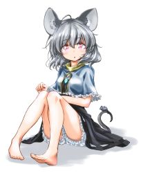 Rule 34 | 1girl, :o, ahoge, animal, animal ear fluff, animal ears, bare legs, barefoot, black dress, bloomers, blush, capelet, commentary request, dress, frilled capelet, frills, full body, grey capelet, grey hair, hair between eyes, highres, jewelry, knees up, looking at viewer, mouse (animal), mouse ears, mouse girl, mouse tail, naegi (naegidokoro), nazrin, parted lips, pendant, red eyes, shadow, solo, tail, touhou, underwear, white background, white bloomers
