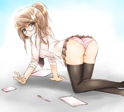 Rule 34 | 1girl, all fours, artistic error, ass, bad anatomy, bad hands, black thighhighs, brown eyes, brown hair, cellphone, geckolion, glasses, gradient background, long hair, looking at viewer, necktie, panties, paper, pen, phone, pink panties, pleated skirt, ponytail, semi-rimless eyewear, shirt, skirt, smartphone, solo, striped clothes, striped panties, thighhighs, underwear, white shirt